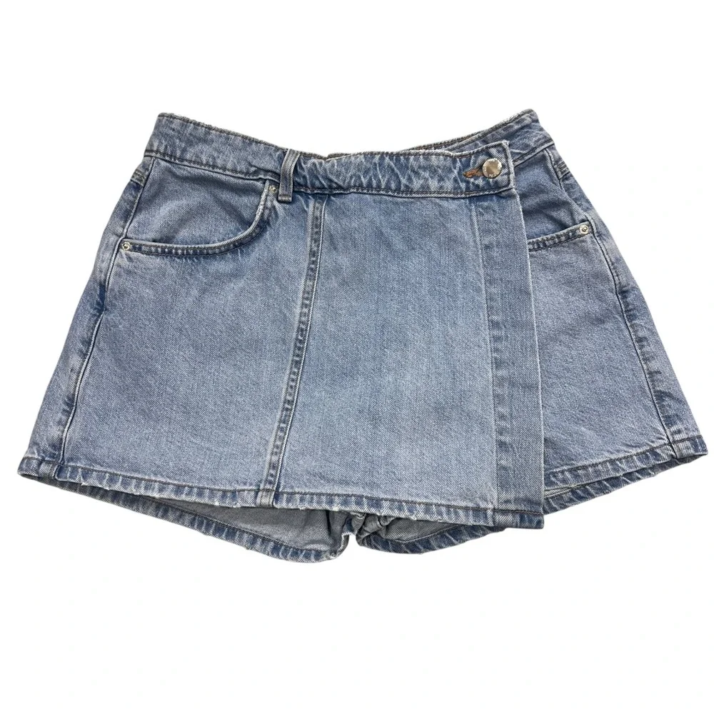 Zara‎ Womens Light Wash Denim Wrap Front Skort Blue High Waisted Size S